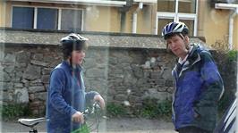 Michael and Lawrence chatting outside while Ash and George finish their video tour of Cheddar Youth Hostel